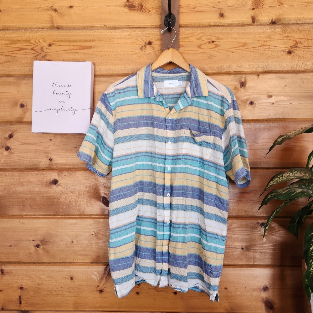 Onia Linen Blend Multi Striped Button Down S/S Shirt‎ Preppy Casual Classic Sz L